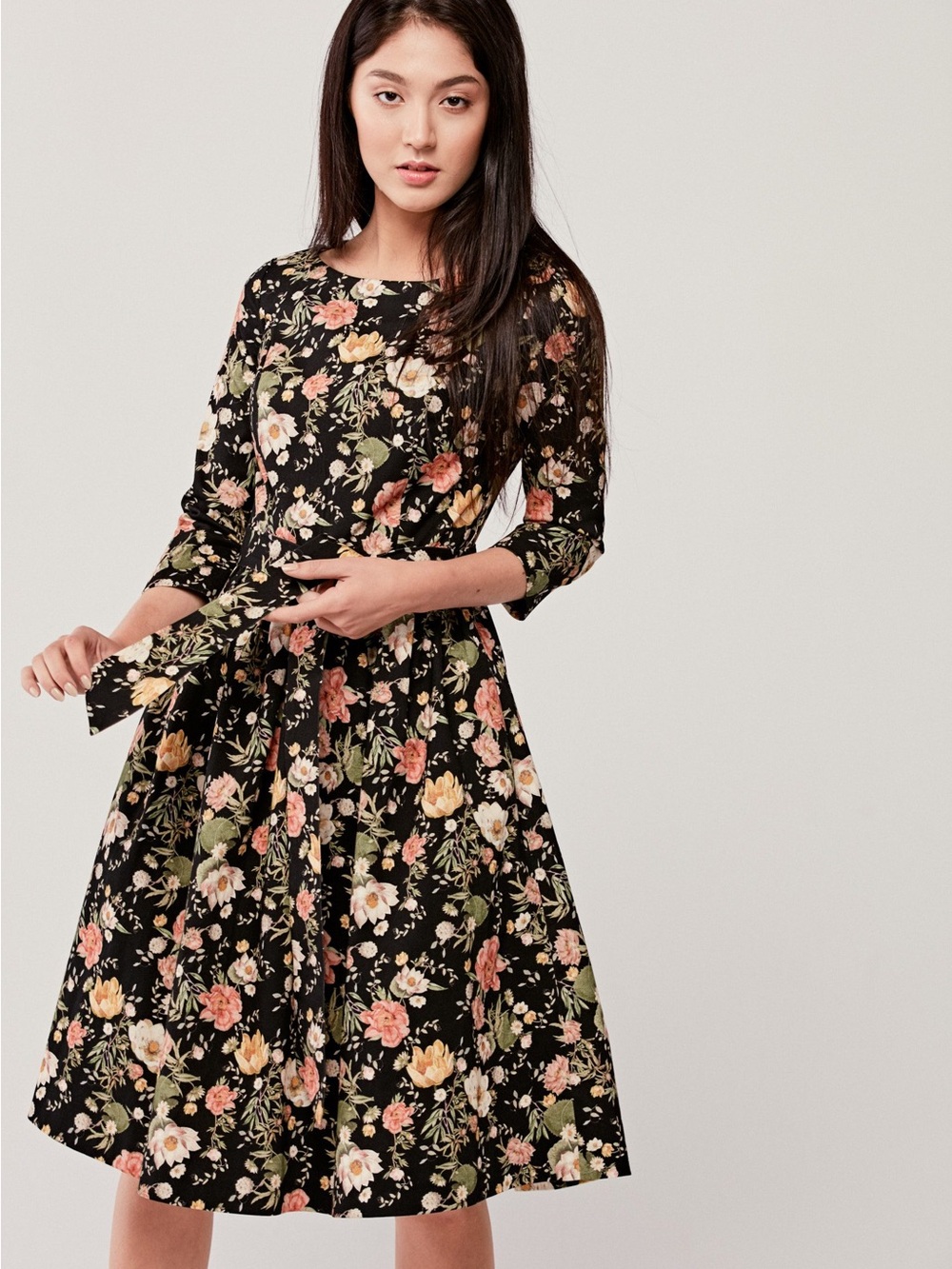 Marie Zelie Floral Tie-Waist Midi Dress in Black with Pink & Green